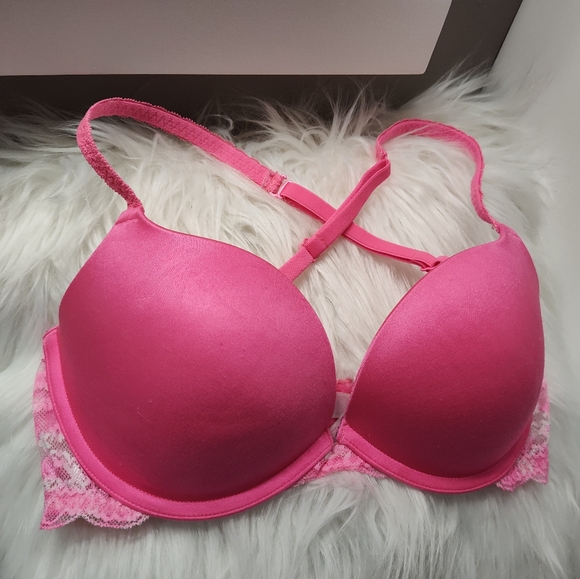 💗 Vintage Victoria’s Secret PINK Push-Up Lace Cross Back Bra, Hot Pink, 34D - Picture 3 of 9